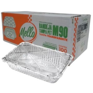 CAIXA BANDEJA RETANGULAR DE ALUMÍNIO M90 TAMPA TRANSPARENTE 220 ML COM 100 UNIDADES